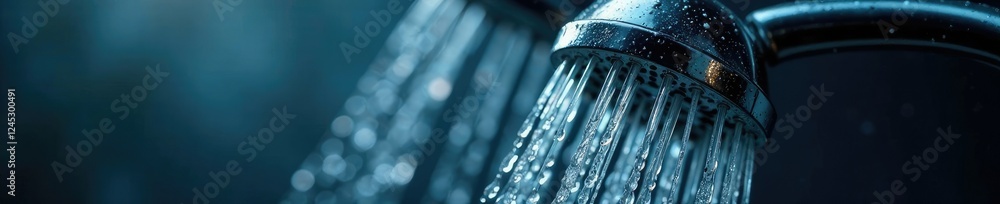 Water droplets falling from a modern showerhead, splash, liquid Water droplets falling from a modern showerhead, splash, liquid