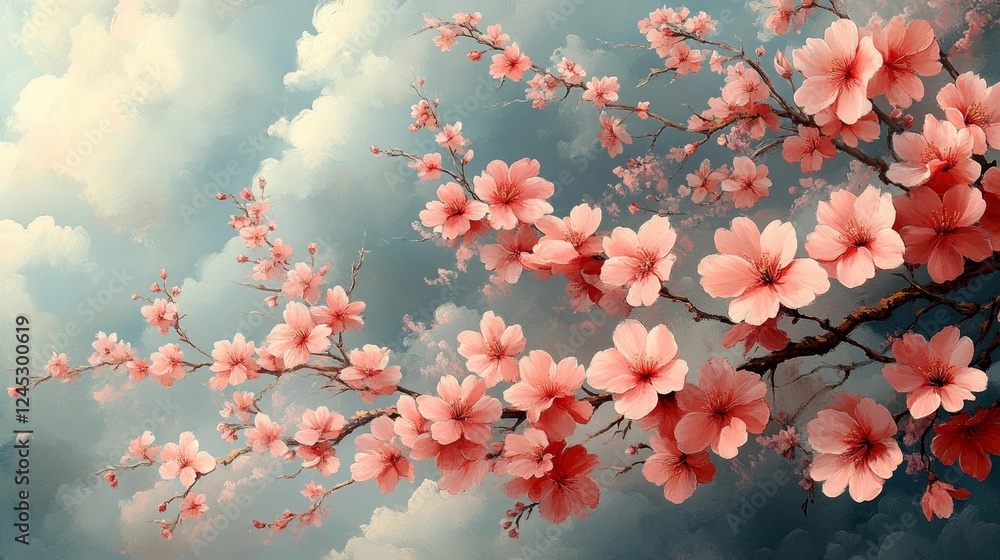 Beautiful Cherry Blossom Branch with Soft Clouds. Generative AI Beautiful Cherry Blossom Branch with Soft Clouds. Generative AI