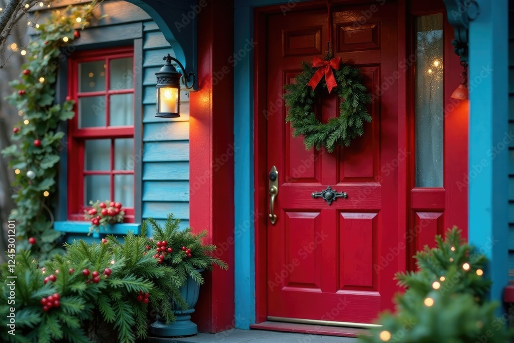Blue lanterns on red door with greenery and holly, blue lanterns, Blue lanterns on red door with greenery and holly, blue lanterns,