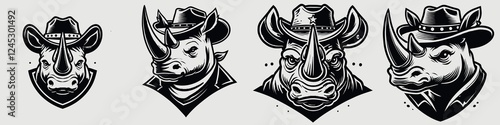 Stylish illustrations of rhinos wearing cowboy hats, showcasing a unique blend of wildlife and Western culture, perfect for a creative design. photo