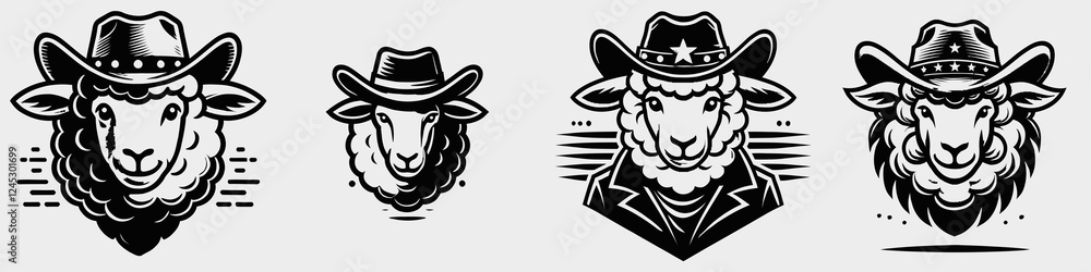 Four stylized sheep heads wearing cowboy hats, showcasing a blend of Western and playful themes in a minimalist design. Four stylized sheep heads wearing cowboy hats, showcasing a blend of Western and playful themes in a minimalist design.