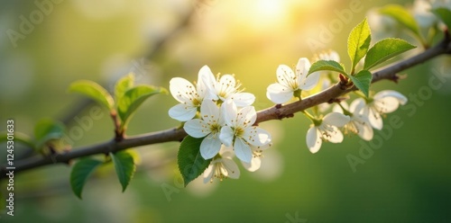Delicate white flowers on hawthorn branch in morning sunlight, hawthorn, nature, blossoms