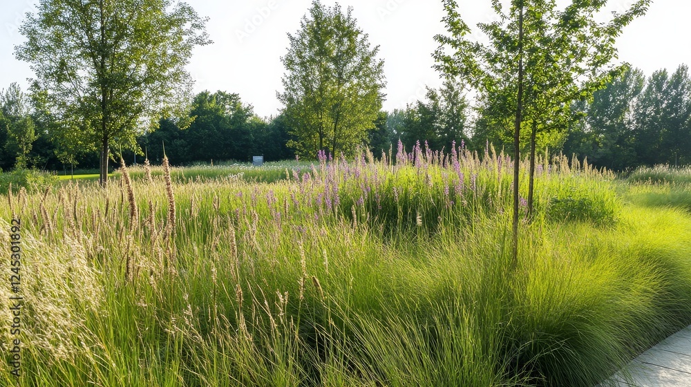 Obraz premium Serene meadow landscape with tall grasses and trees on a sunny day