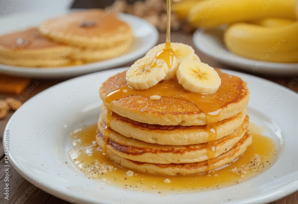 A stack of pancakes topped with sliced bananas and drizzled with honey, served with a side of additional pancakes.