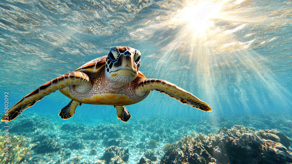 Obraz premium majestic sea turtle swimming through clear ocean waters, illuminated by sunlight