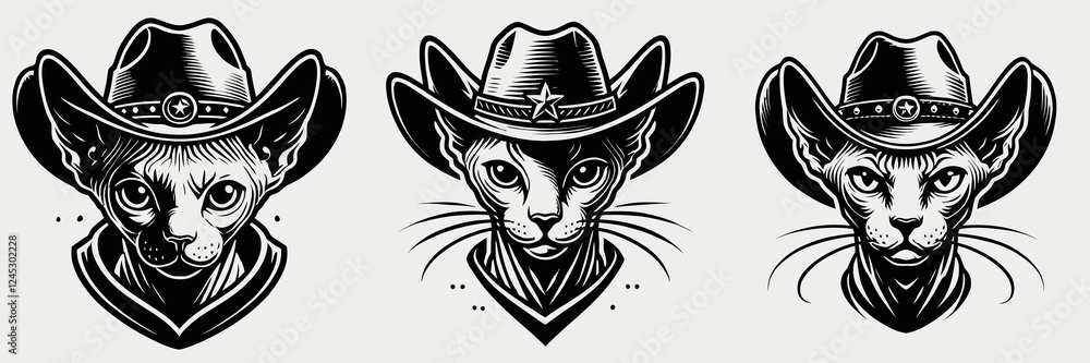 Three stylish cat illustrations wearing cowboy hats, showcasing a unique and playful design style. Three stylish cat illustrations wearing cowboy hats, showcasing a unique and playful design style.