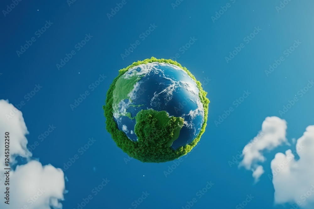 Fototapeta premium A vibrant 3D planet Earth surrounded by lush greenery and bright blue skies, symbolizing ecological health and sustainability.