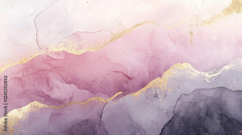 Fototapeta premium Abstract Pink, Purple, and Gold Ink Landscape