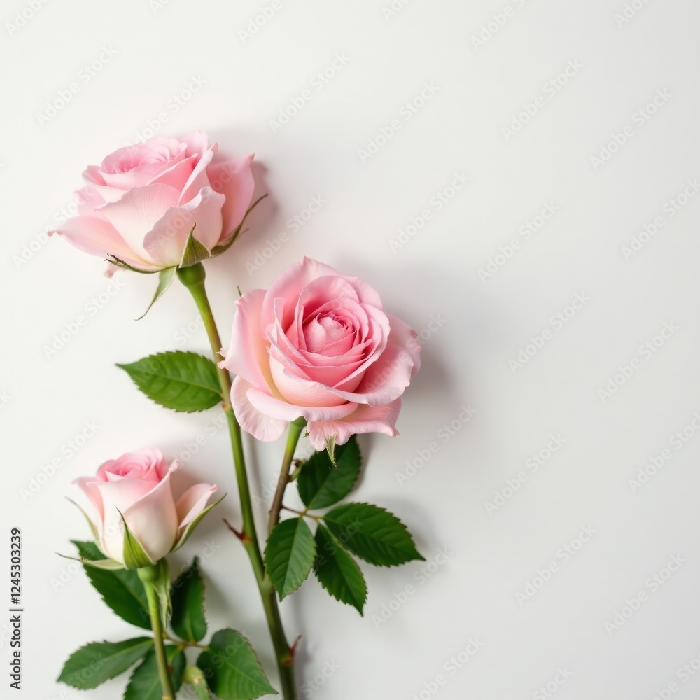 Pastel pink roses with delicate green leaves on a crisp white background, rose, nature Pastel pink roses with delicate green leaves on a crisp white background, rose, nature