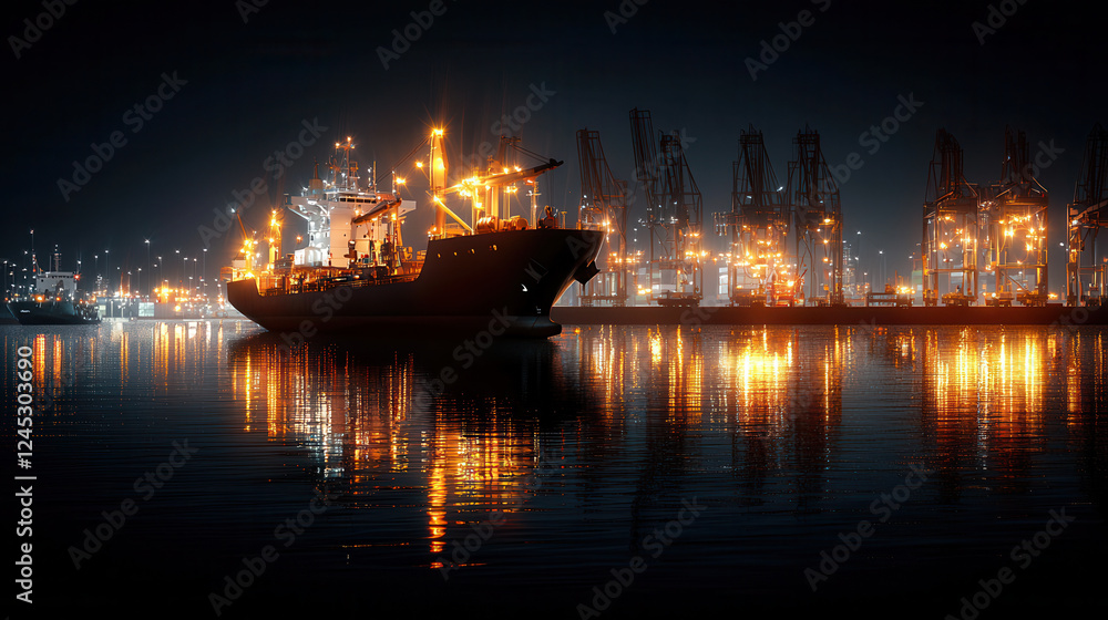Fototapeta premium cargo ship docked at port illuminated by bright lights, reflecting on water. scene captures bustling activity of nighttime shipping