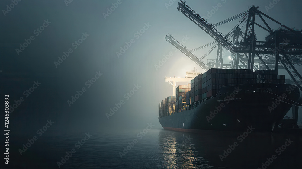 Fototapeta premium cargo ship docked at port with cranes unloading containers in fog. scene evokes sense of mystery and industrial activity