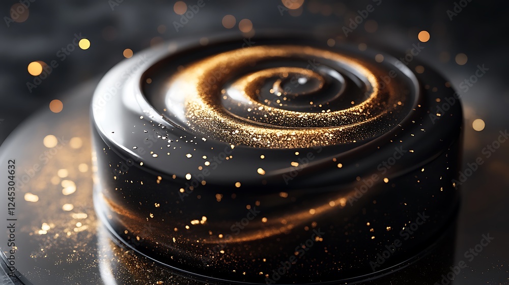 A black mirror glaze mousse cake with gold specks forming an abstract spiral pattern, displayed on a glass pedestal with dramatic lighting casting soft shadows. Ultra-detailed glaze texture, A black mirror glaze mousse cake with gold specks forming an abstract spiral pattern, displayed on a glass pedestal with dramatic lighting casting soft shadows. Ultra-detailed glaze texture,