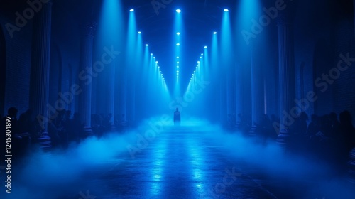 Mysterious Fashion Show in a Blue Lit Tunnel. Generative AI photo