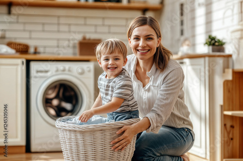 Mother and Child Enjoying Laundry Time