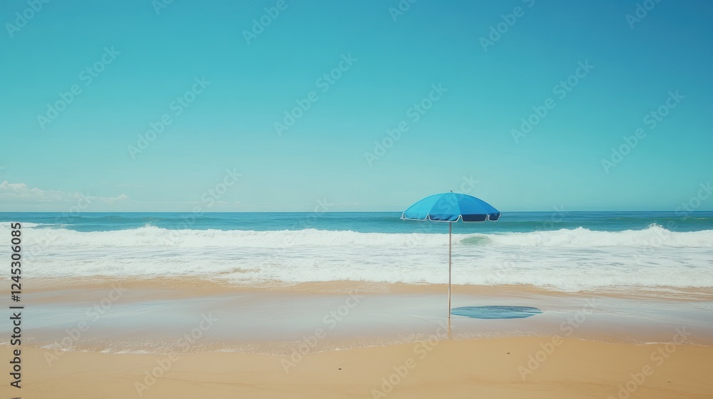 A single blue umbrella standing out on a sandy beach, surrounded by gentle waves and a clear blue sky. A single blue umbrella standing out on a sandy beach, surrounded by gentle waves and a clear blue sky.