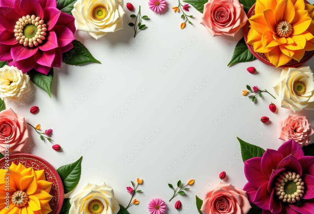 Vibrant Symmetrical Paper Flowers on White Background: Bright Pinks, Purples, Blues, and Greens Vibrant Symmetrical Paper Flowers on White Background: Bright Pinks, Purples, Blues, and Greens