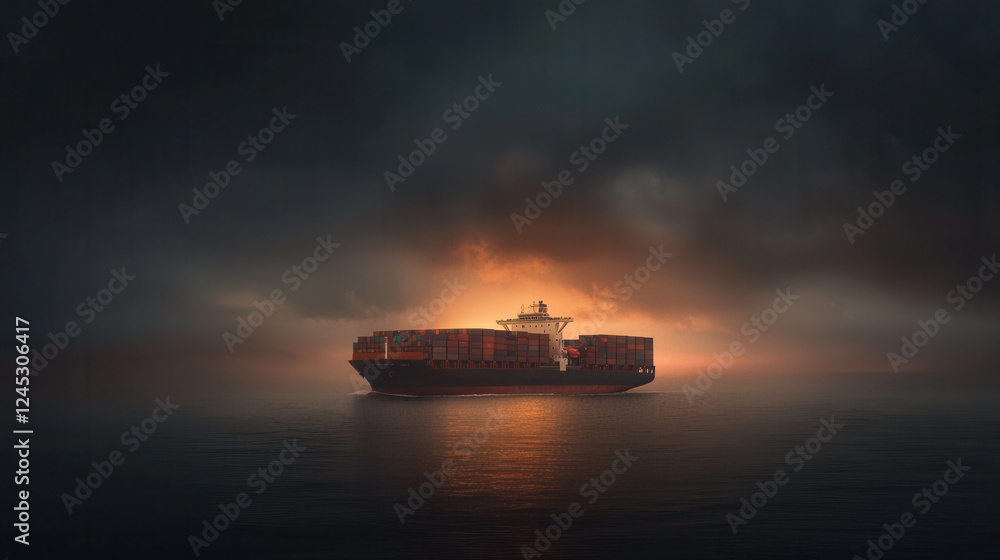 cargo ship with stacked containers sails under dramatic sunset, creating serene yet powerful atmosphere cargo ship with stacked containers sails under dramatic sunset, creating serene yet powerful atmosphere