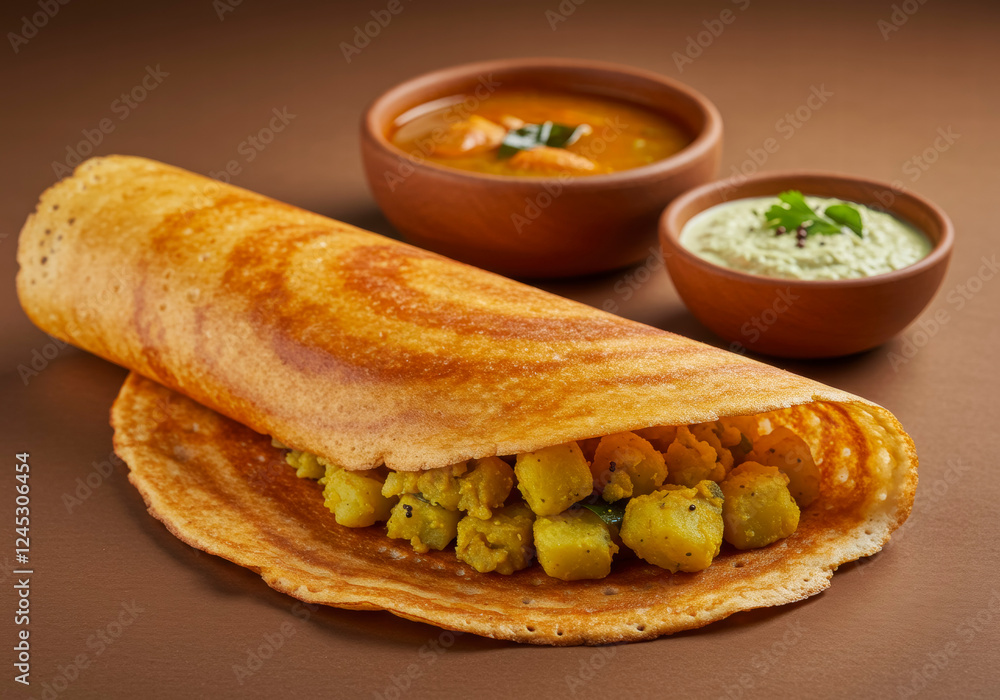 Crispy Masala Dosa Served with Sambar, Chutney, and Spiced Potato Filling in Cone, Triangle, or Roll Shape on a Traditional Plate Crispy Masala Dosa Served with Sambar, Chutney, and Spiced Potato Filling in Cone, Triangle, or Roll Shape on a Traditional Plate