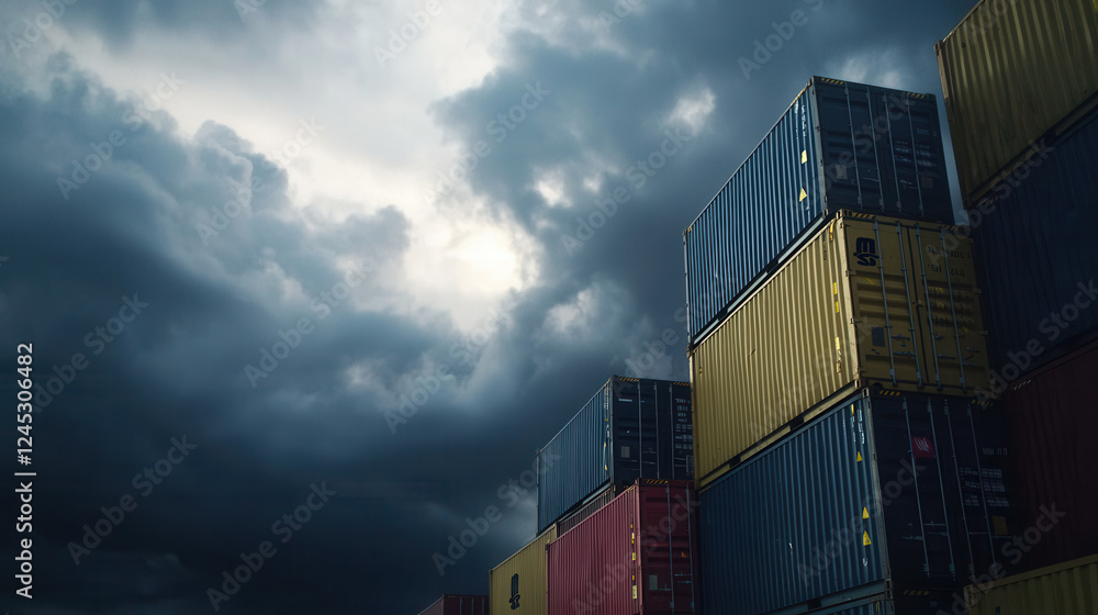 Fototapeta premium cargo ship with stacked containers under dramatic sky, showcasing industrial strength and resilience