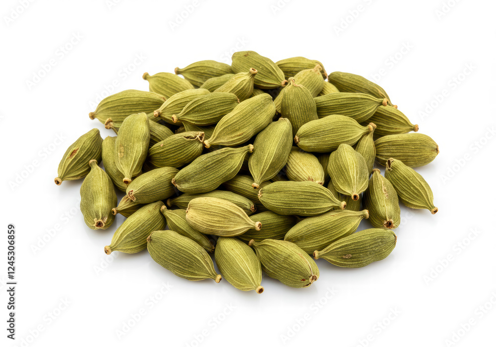 Detailed View of Dried Cardamom Seeds on White Background Highlighting Their Organic Shape and Spice Essence Detailed View of Dried Cardamom Seeds on White Background Highlighting Their Organic Shape and Spice Essence