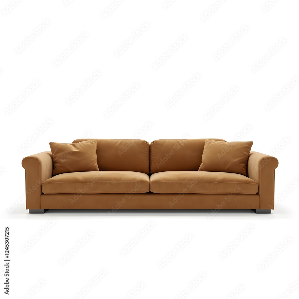 Sofa with a velvet finish featuring plump cushions and curved armrests on white background Sofa with a velvet finish featuring plump cushions and curved armrests on white background