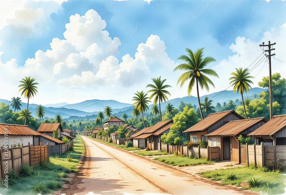 A watercolor painting of a village with a road and palm trees in the background A watercolor painting of a village with a road and palm trees in the background