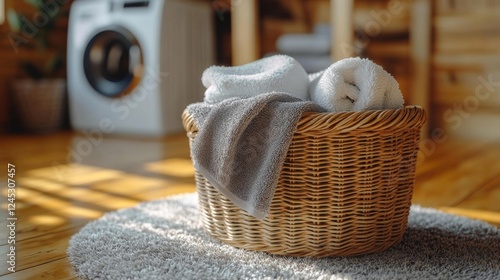 Cozy Laundry Space with Folded Towels in Basket and Washing Machine. Generative AI photo