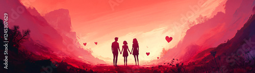 A romantic sunset silhouette of a couple holding hands, surrounded by floating hearts.
