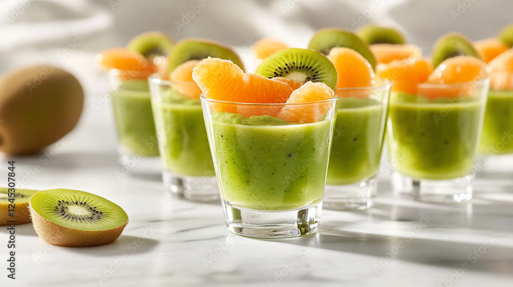 Green smoothie shots topped with kiwi and mandarin orange slices. Green smoothie shots topped with kiwi and mandarin orange slices.