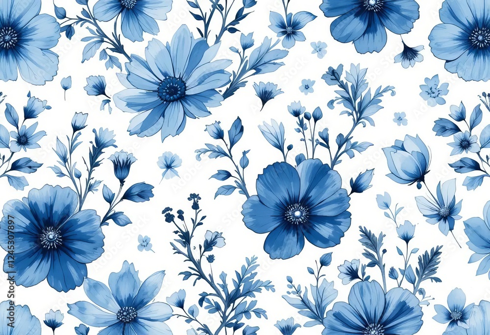 A seamless watercolor pattern with blue flowers on a rustic background A seamless watercolor pattern with blue flowers on a rustic background