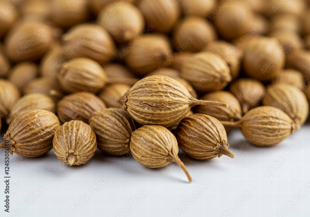 Macro Shot of Dried Coriander Seeds Scattered on White Background Highlighting Their Natural Texture and Color Macro Shot of Dried Coriander Seeds Scattered on White Background Highlighting Their Natural Texture and Color