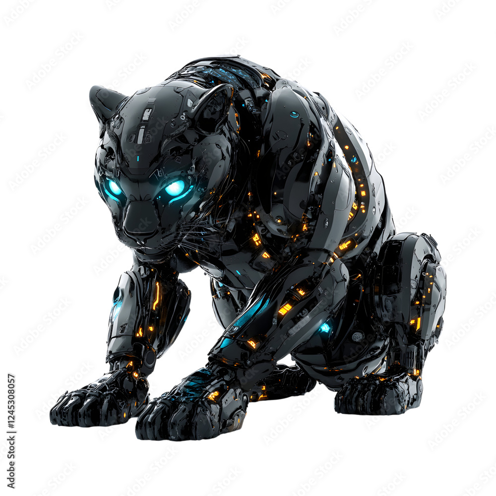 Robotic Panther with Glowing Eyes and Metallic Fur Isolated on Transparent Background Robotic Panther with Glowing Eyes and Metallic Fur Isolated on Transparent Background
