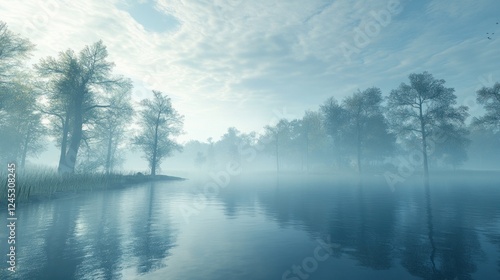 Misty river sunrise, tranquil trees, calm water, peaceful scene, nature backdrop