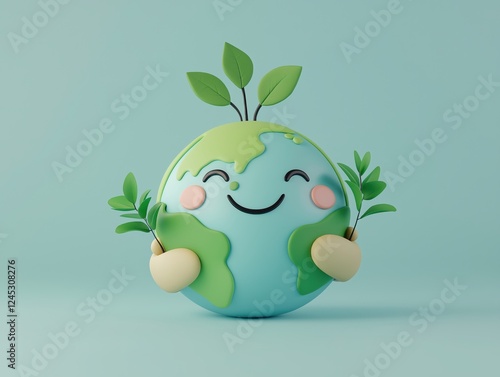 3D rendering of a smiling Earth globe embracing plants, symbolizing environmental protection and sustainability