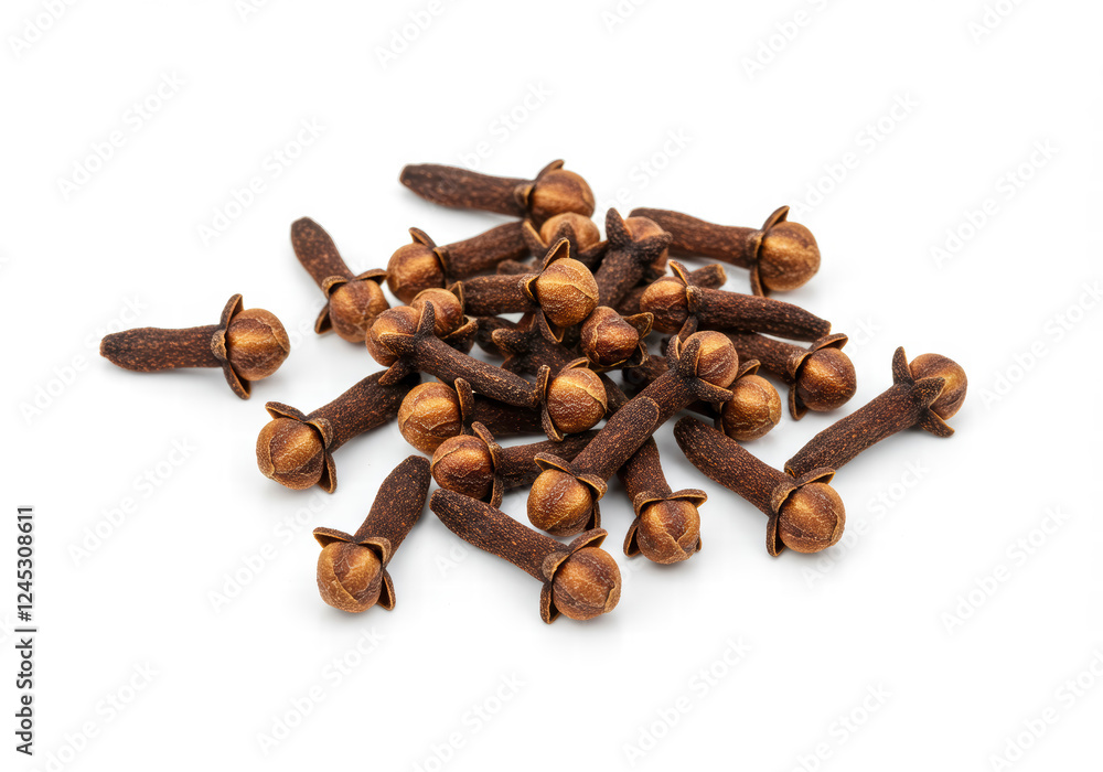 Fragrant Whole Cloves Arranged in Rustic Wooden Dish, Isolated on White Fragrant Whole Cloves Arranged in Rustic Wooden Dish, Isolated on White