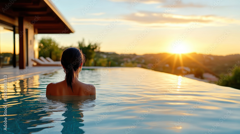 woman standing gracefully in pool at sunset, reflecting tranquility woman standing gracefully in pool at sunset, reflecting tranquility