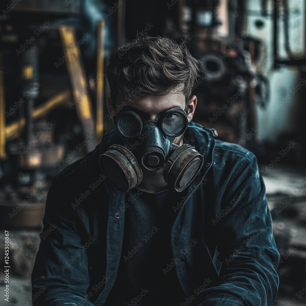 A person wearing a gas mask in an industrial setting, conveying a sense of isolation and danger. A person wearing a gas mask in an industrial setting, conveying a sense of isolation and danger.