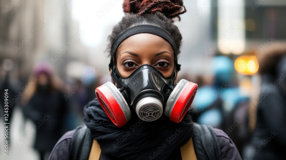 A person wearing a gas mask stands in a busy urban environment, highlighting health concerns. A person wearing a gas mask stands in a busy urban environment, highlighting health concerns.