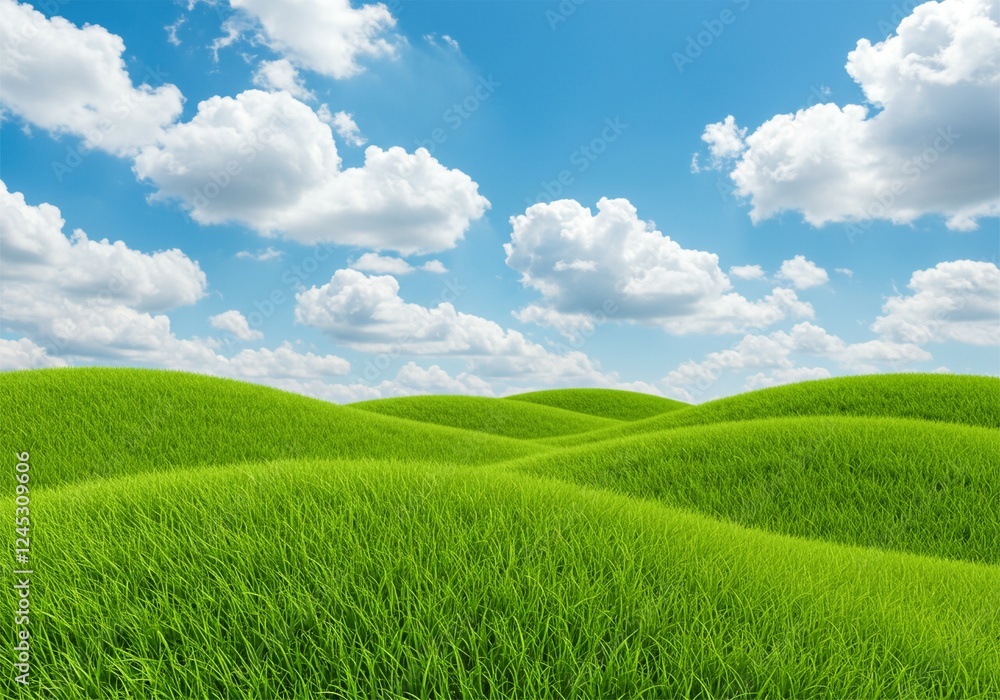 Fototapeta premium beautiful natural scenery, clear skies accompanied by white clouds and green grasslands hills