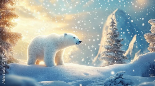 Christmas polar bear in the winter landscape. Polar bear santa. Magical christmas scenery