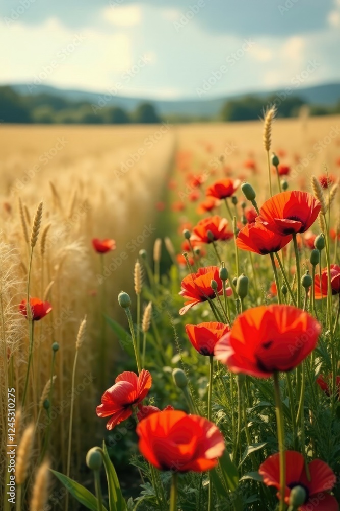 Fototapeta premium Vines of red poppy flowers intertwined with golden barley, flower fields, countryside