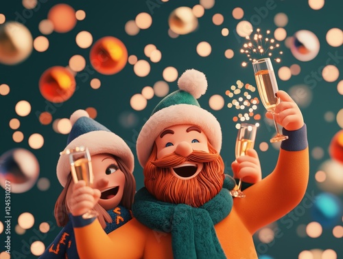 3d render of happy couple wearing winter clothes, toasting with champagne glasses and sparklers for Christmas and New Year's Eve