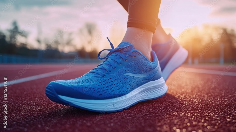 Close-up of a person wearing blue athletic running shoes on a red track at sunset. Focus on the shoe detailing and texture- with a blurred background Close-up of a person wearing blue athletic running shoes on a red track at sunset. Focus on the shoe detailing and texture- with a blurred background