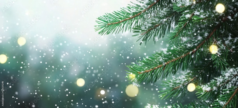 Fir tree branches with green leaves in snowfall- close-up- blurred background- banner design. Christmas card concept Fir tree branches with green leaves in snowfall- close-up- blurred background- banner design. Christmas card concept