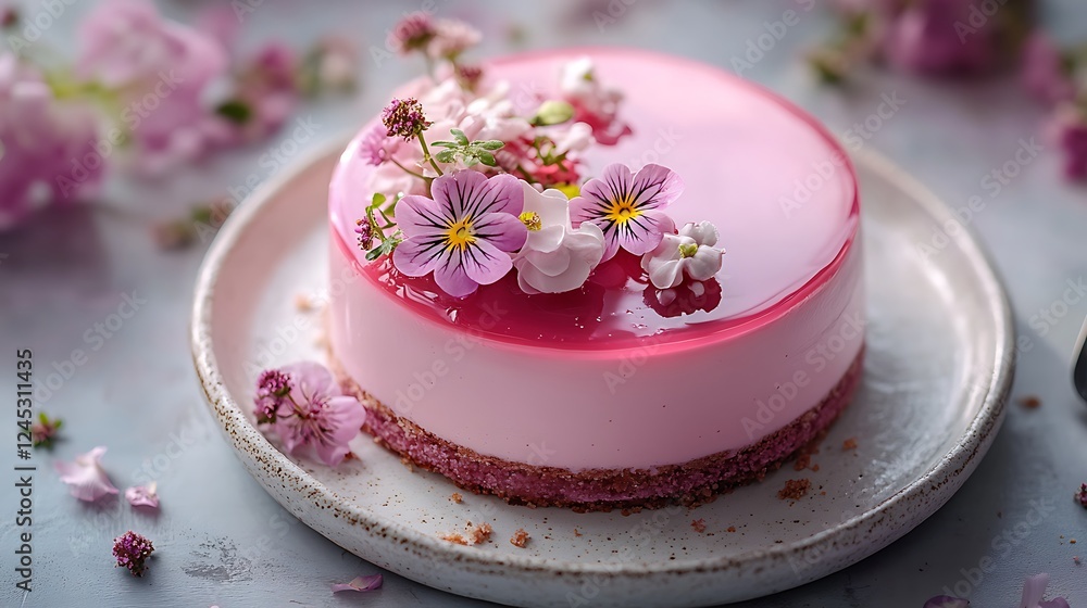 A luxurious pink mirror glaze mousse cake, with a perfect reflective finish, adorned with edible flowers in pastel tones, photographed from above on a textured white plate against a soft, A luxurious pink mirror glaze mousse cake, with a perfect reflective finish, adorned with edible flowers in pastel tones, photographed from above on a textured white plate against a soft,