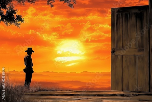 A silhouette of a cowboy stands before an open door against a stunning sunset, evoking themes of adventure and possibilities. photo