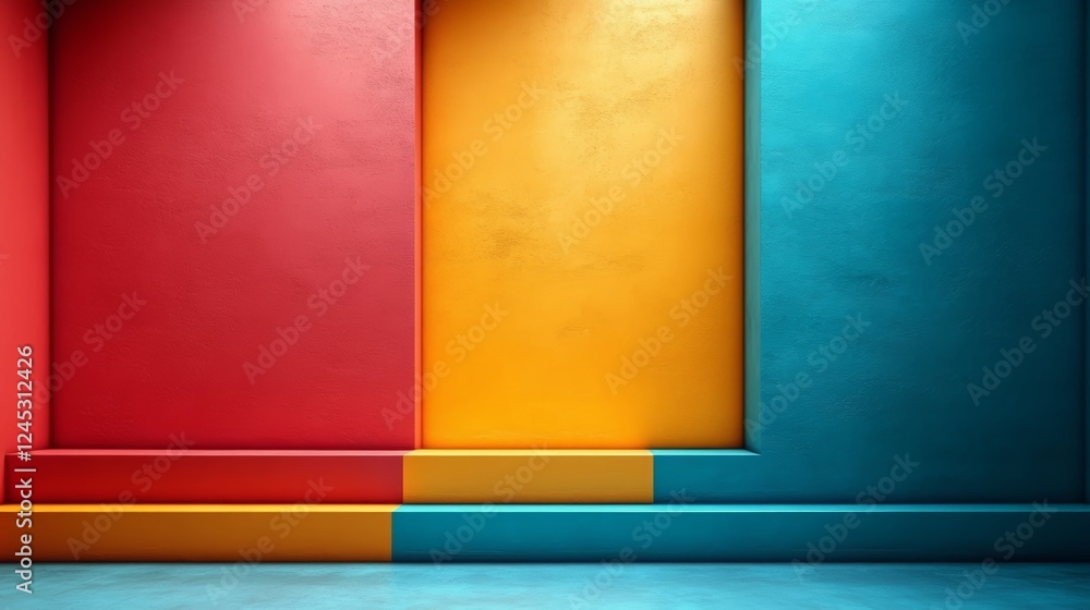 Colorful Abstract Background with Red, Yellow, and Teal Walls and Platform Colorful Abstract Background with Red, Yellow, and Teal Walls and Platform