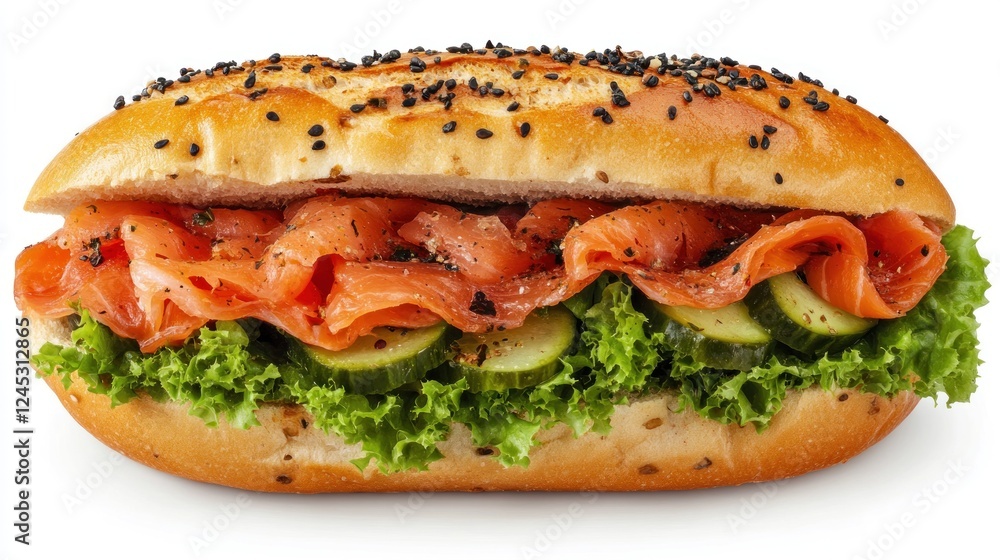 A sandwich filled with smoked salmon, lettuce, and cucumbers on a sesame seed bun. A sandwich filled with smoked salmon, lettuce, and cucumbers on a sesame seed bun.