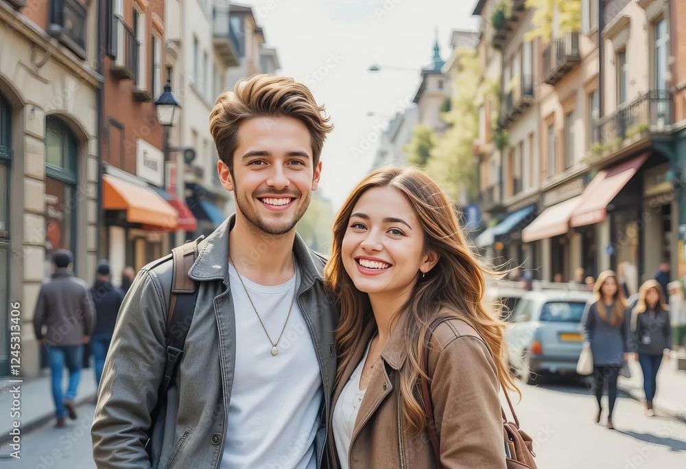 A digital watercolor painting of a happy young couple in a city street setting A digital watercolor painting of a happy young couple in a city street setting