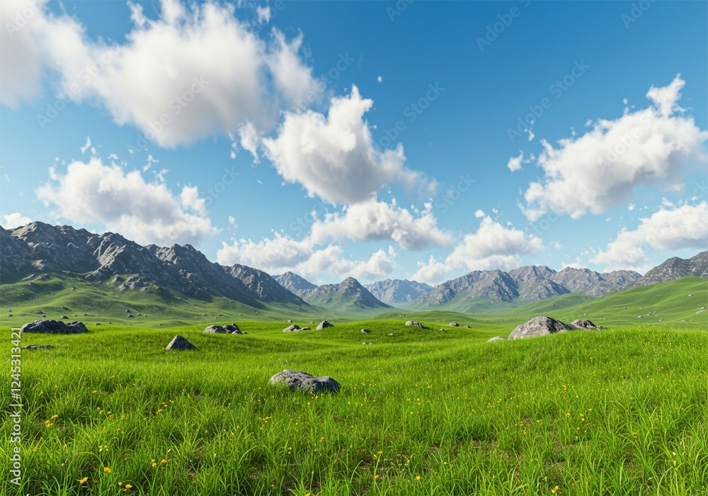 beautiful natural scenery, clear skies accompanied by white clouds and green grasslands mountain beautiful natural scenery, clear skies accompanied by white clouds and green grasslands mountain